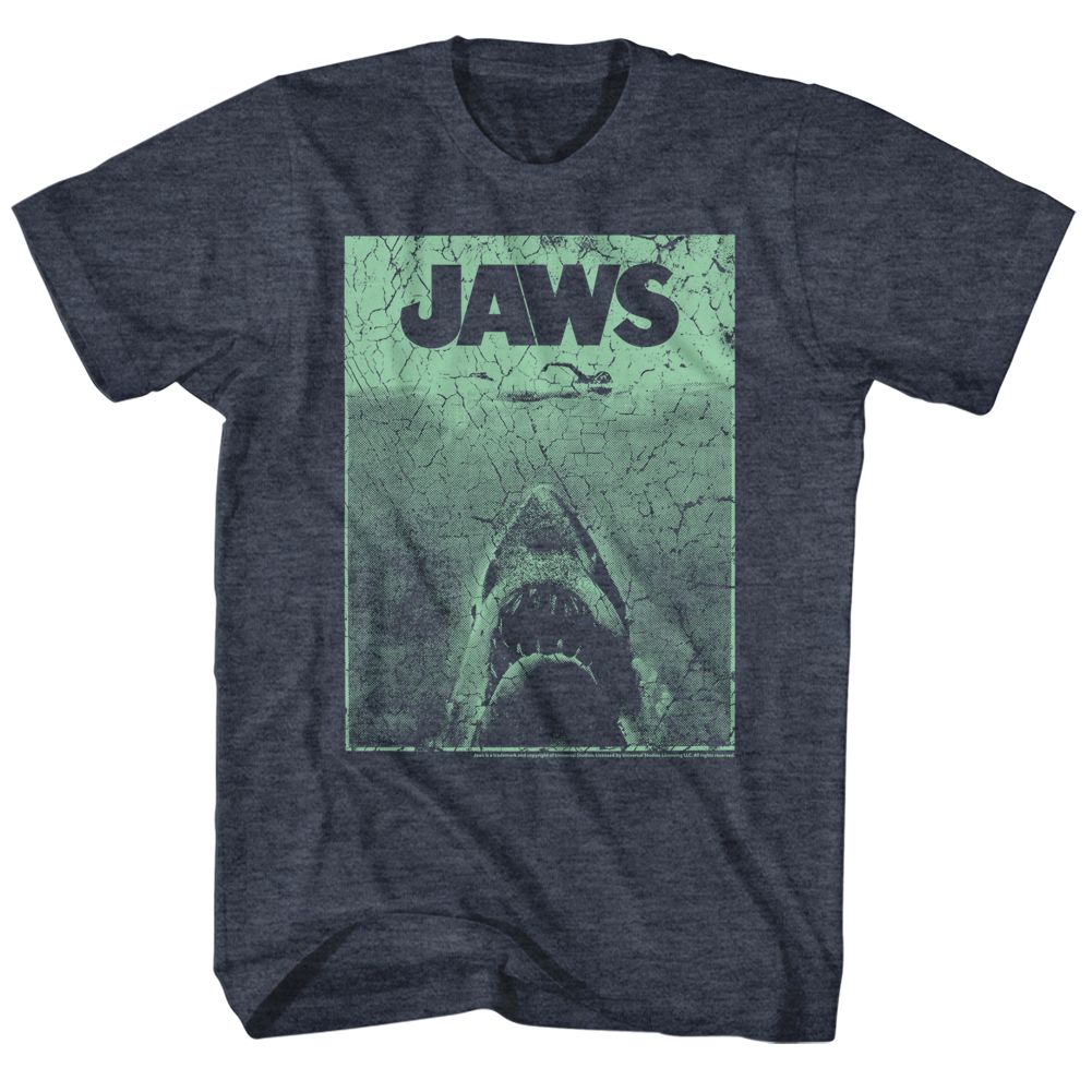 Navy heather Jaws t-shirt featuring Jaws Green Jaws design