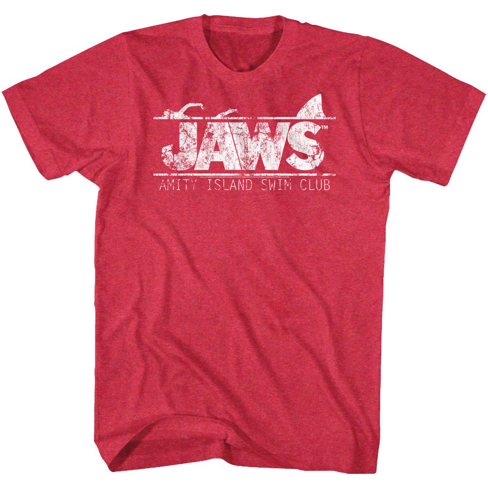 Red heather Jaws t-shirt featuring Jaws Amity Island Swim Club design