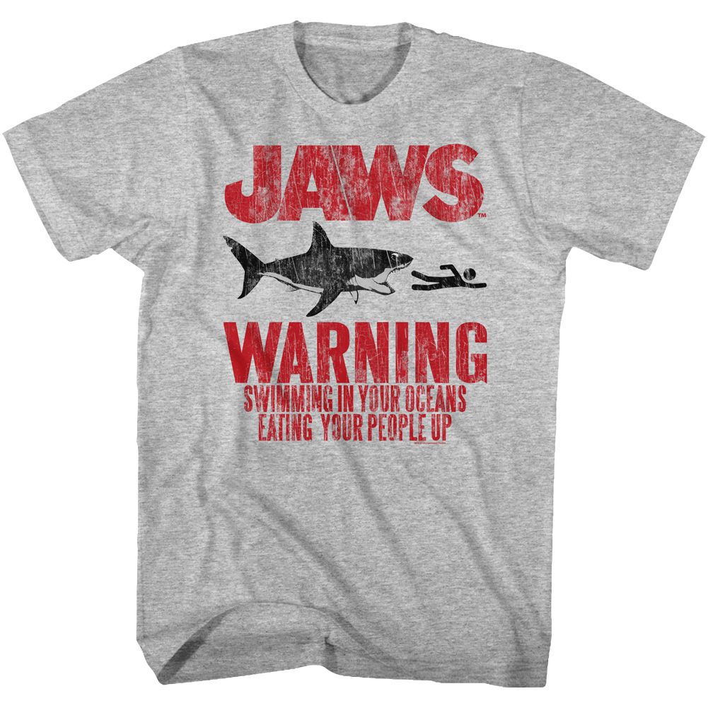 Gray heather Jaws t-shirt featuring Jaws Warning design