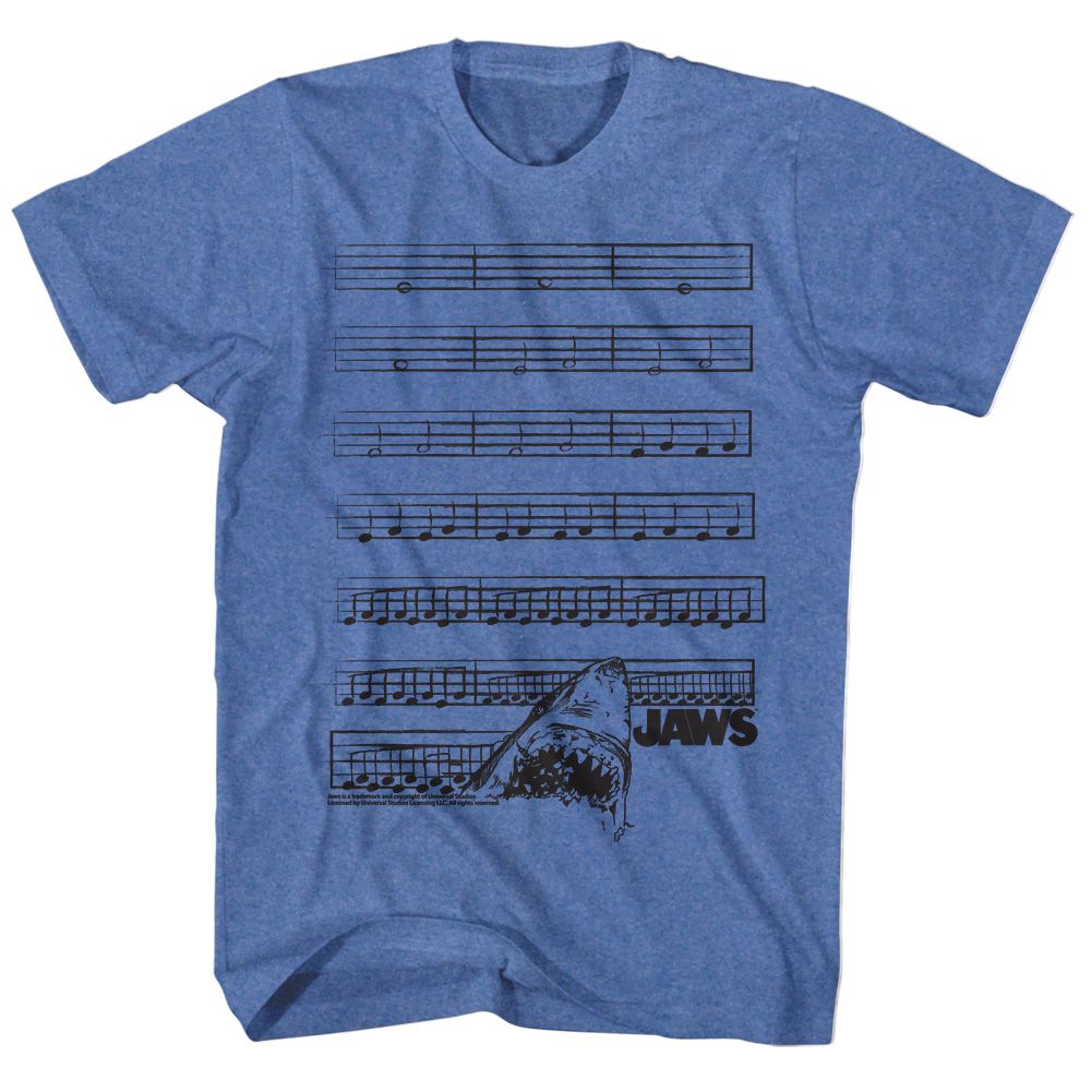 Royal heather Jaws t-shirt featuring Jaws Dun Nun John Williams score design