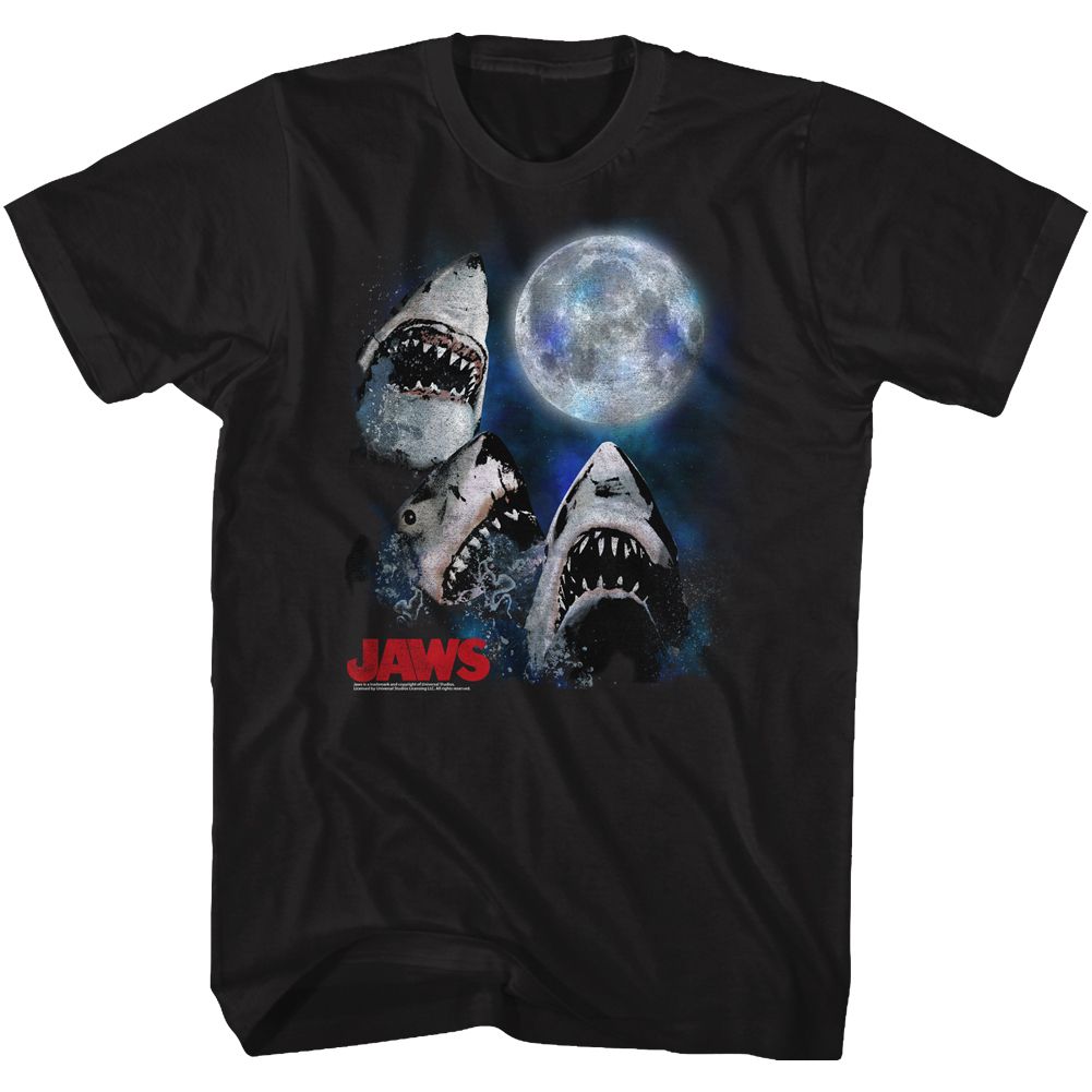 Black Jaws t-shirt featuring Jaws Three Shark Moon design