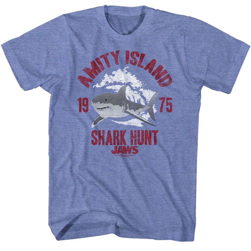 Light blue heather Jaws t-shirt featuring Jaws Shark Hunt design