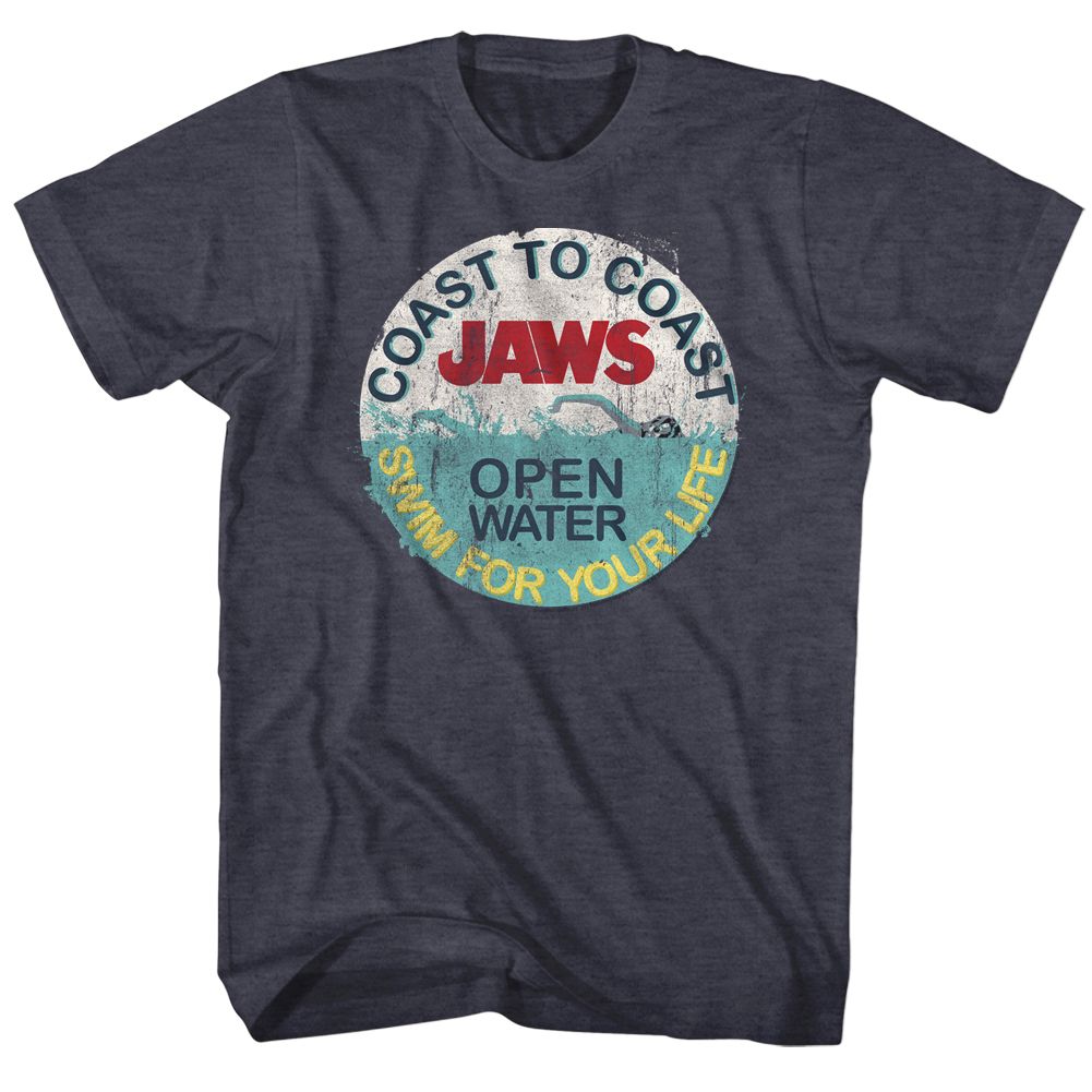 Navy heather Jaws t-shirt featuring Jaws Swim For Your Life design