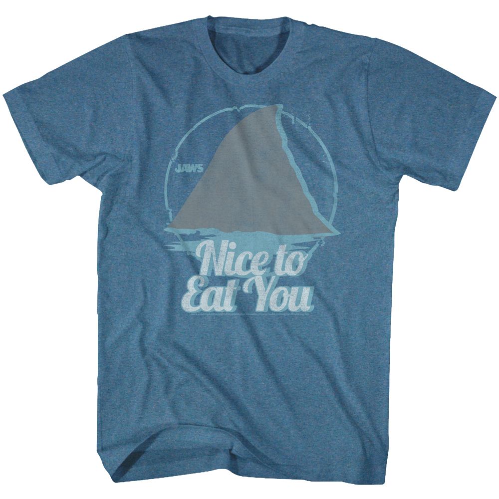 Indigo heather Jaws t-shirt featuring Jaws Nice To Eat You design