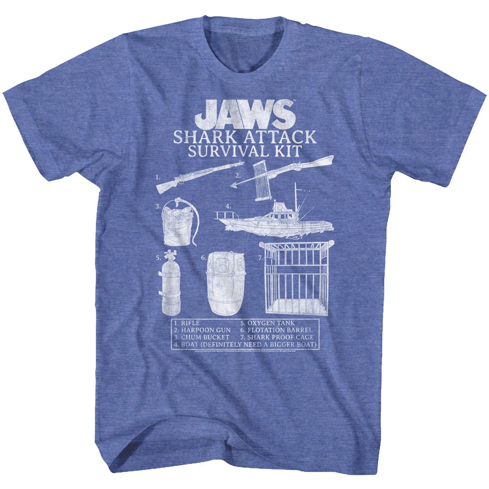 Royal heather Jaws t-shirt featuring Jaws Survival Kit 2 design