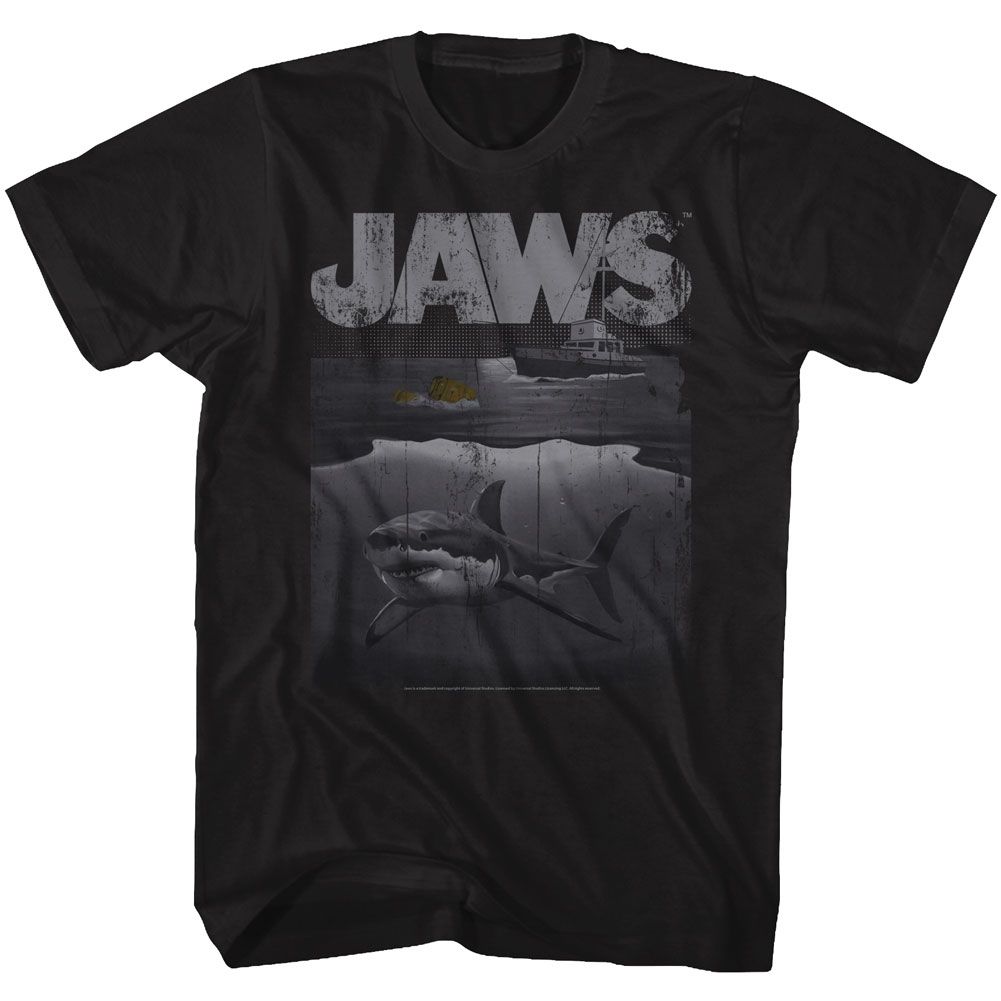 Black heather Jaws t-shirt featuring Jaws Shark Boat design