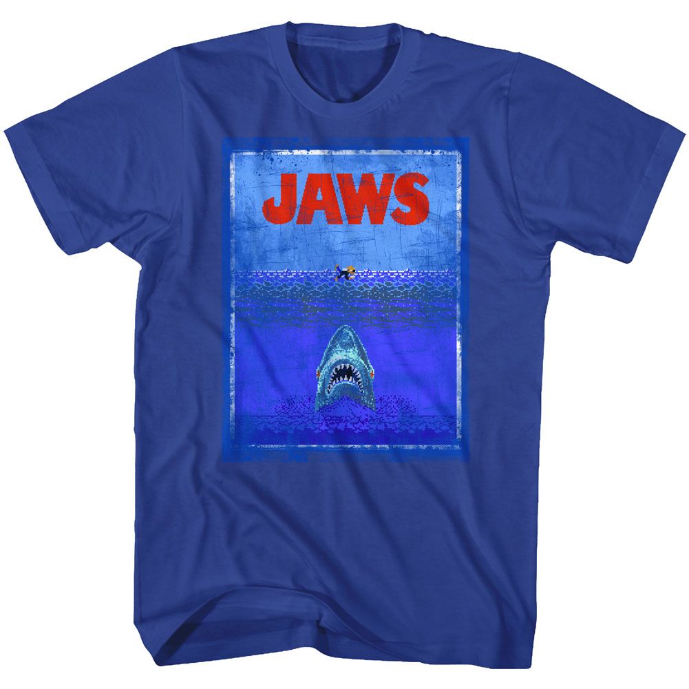 Royal blue Jaws t-shirt featuring Jaws 8-Bit Terror design