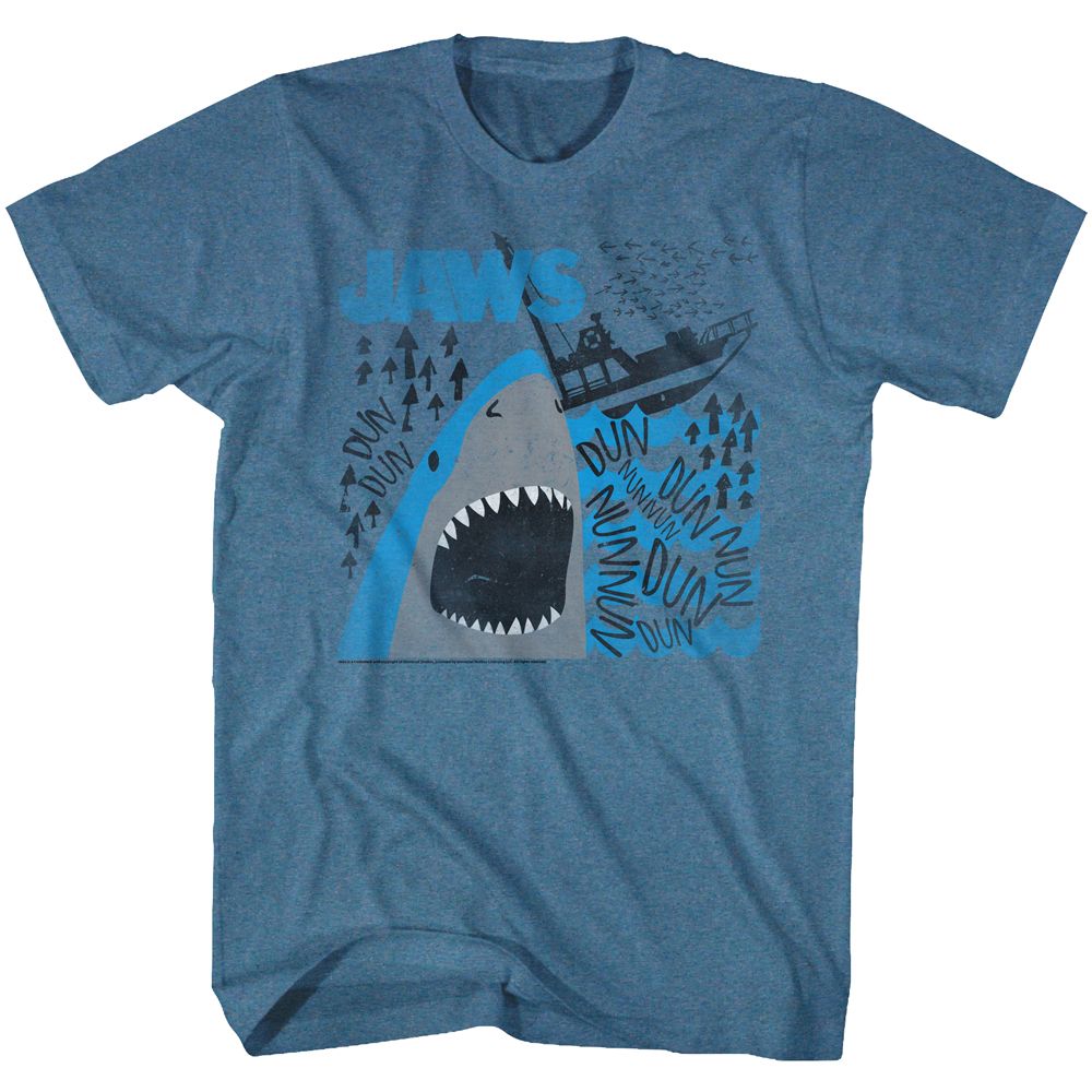 Indigo heather Jaws t-shirt featuring Jaws Dun Nun John Williams score design