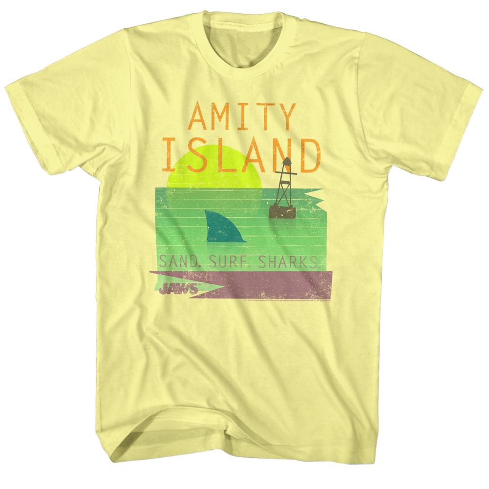 Yellow heather Jaws t-shirt featuring Jaws Sand Surf Sharks design