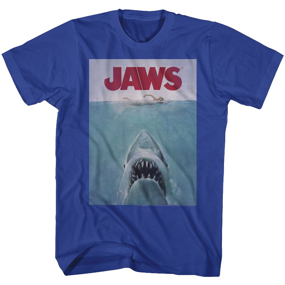 Royal blue Jaws t-shirt featuring Jaws Movie Poster design