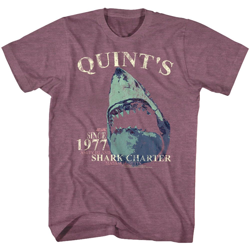 Vintage maroon heather Jaws t-shirt featuring Jaws Quint's Charter design