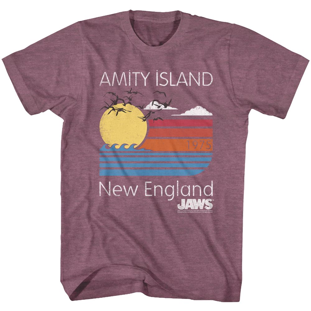 Vintage maroon heather Jaws t-shirt featuring Jaws Sunset design