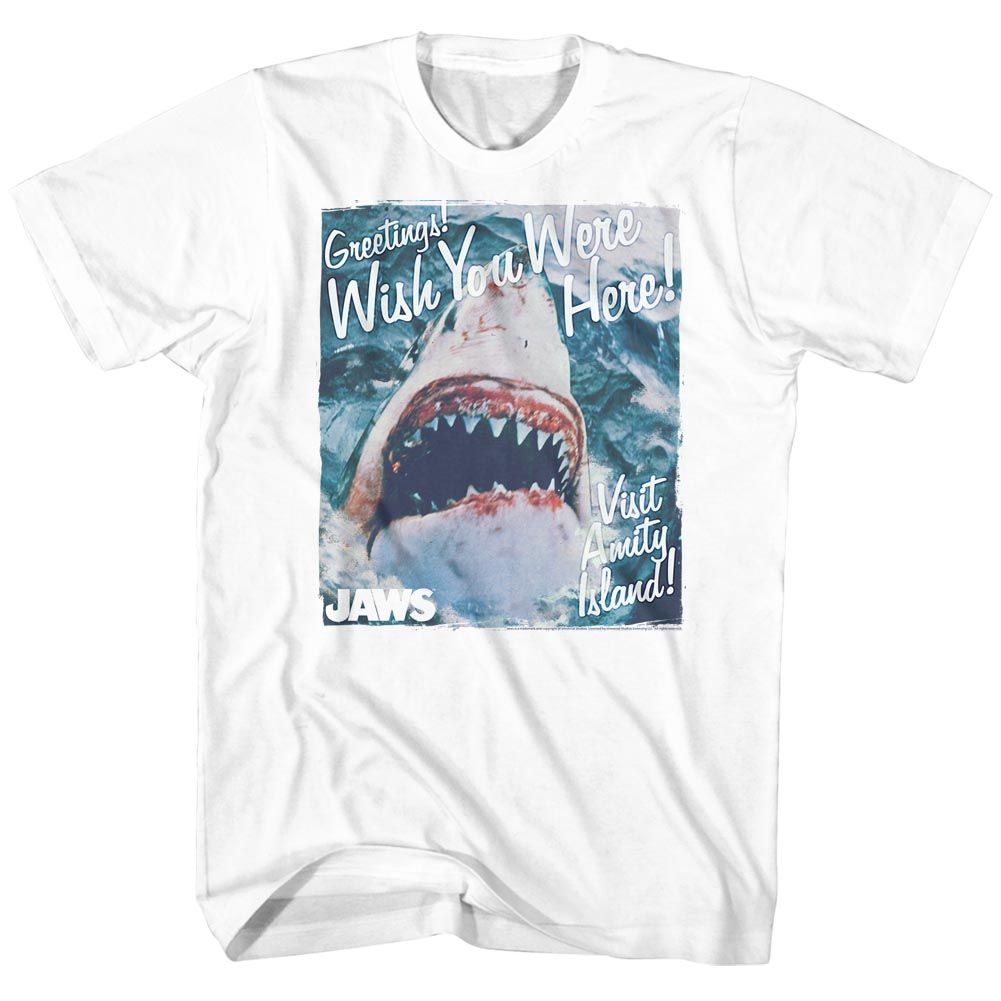 White Jaws t-shirt featuring Jaws Greetings From Amity Island design