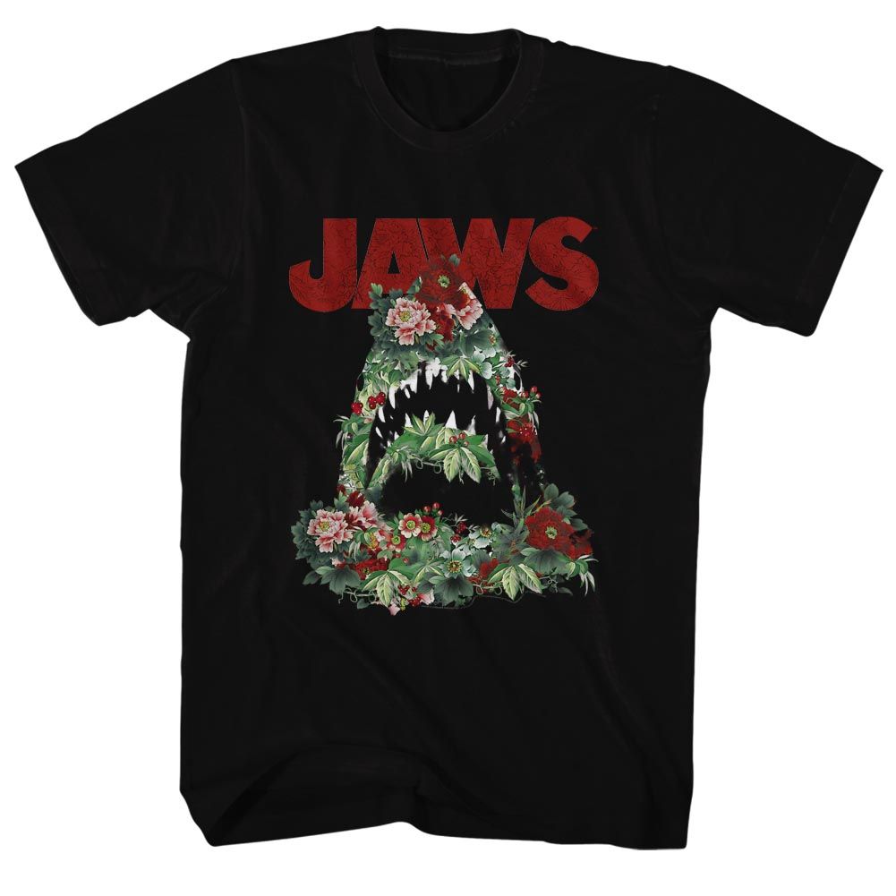 Black Jaws t-shirt featuring Jaws Floral Shark design