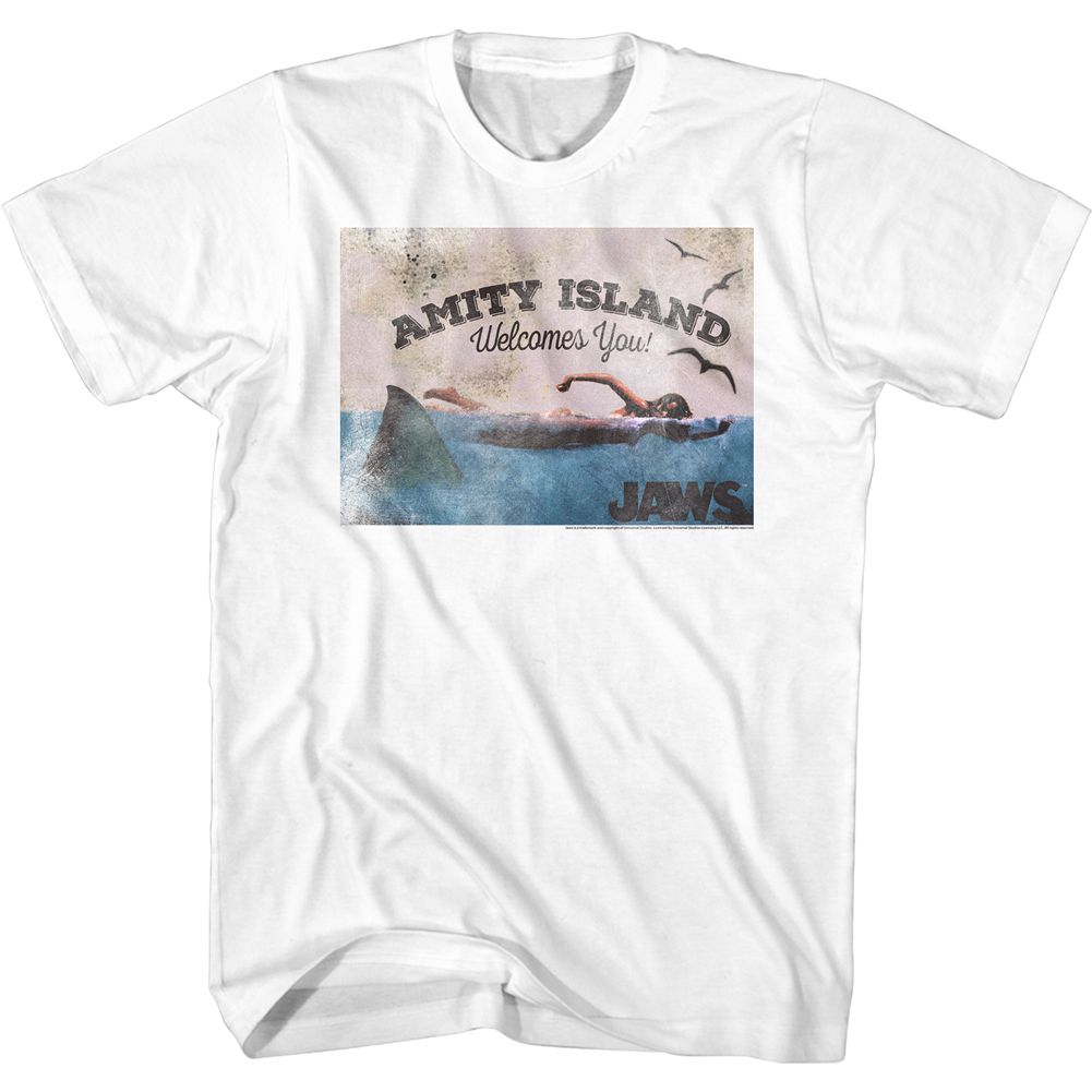 White Jaws t-shirt featuring Jaws Welcome To Amity design