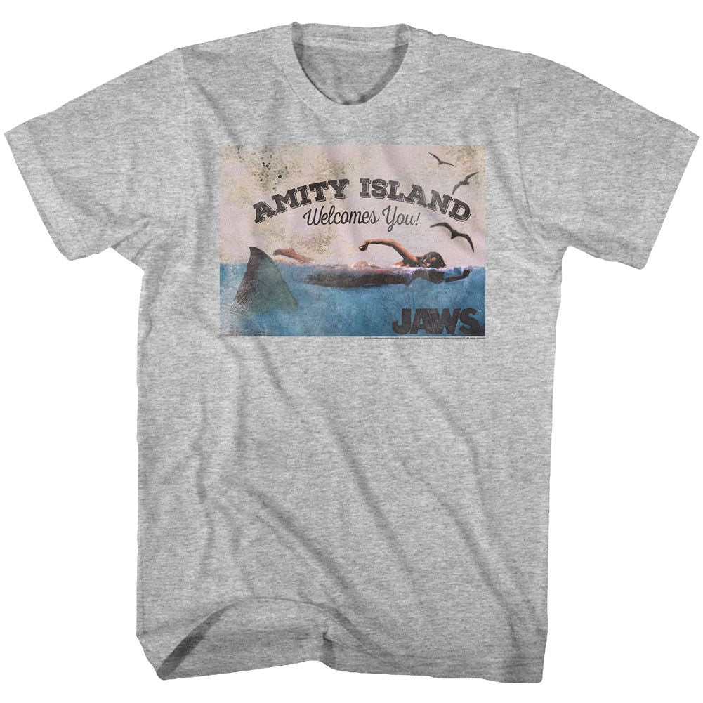 Gray heather Jaws t-shirt featuring Jaws Welcome To Amity design