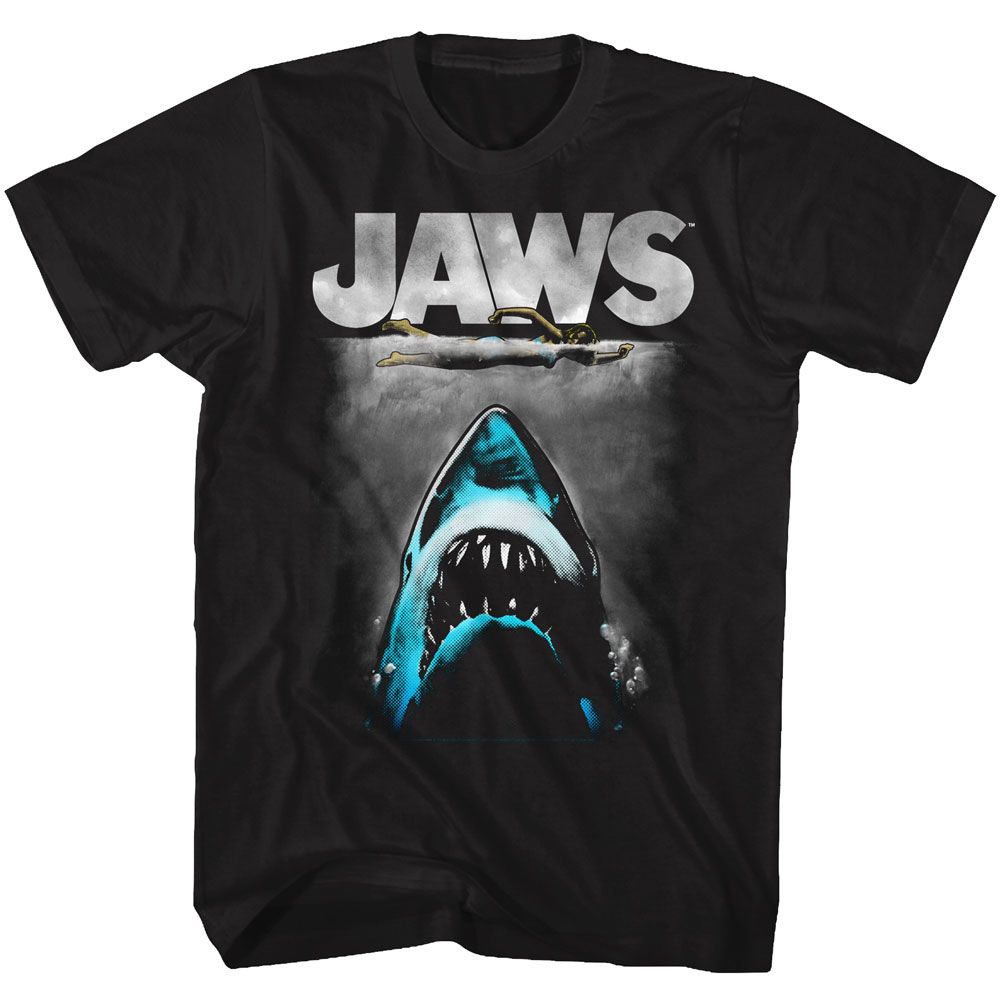 Black Jaws t-shirt featuring Jaws Lichtenstein-style design