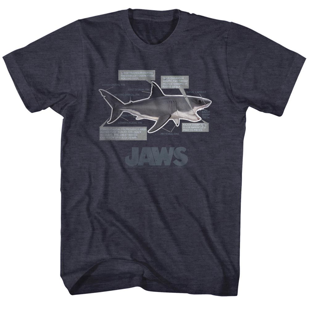 Navy heather Jaws t-shirt featuring Jaws Anatomy design
