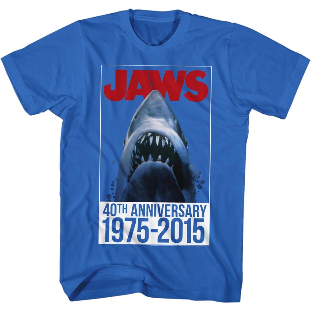 Royal blue Jaws t-shirt featuring Jaws Forty design