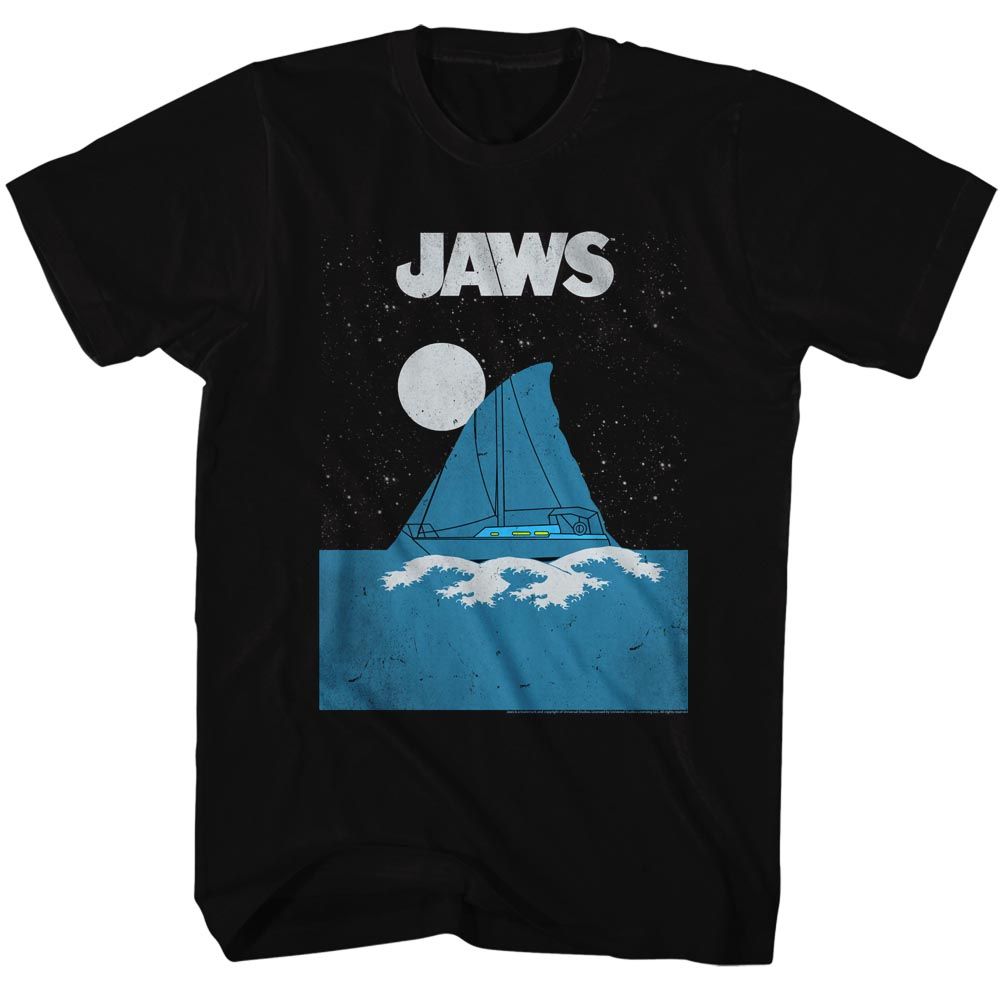 Black Jaws t-shirt featuring Jaws Boat Fin design