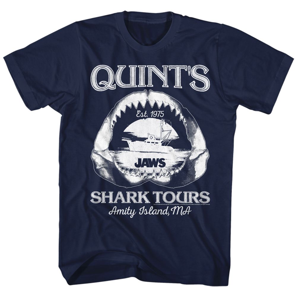Navy Jaws t-shirt featuring Jaws Shark Tours design