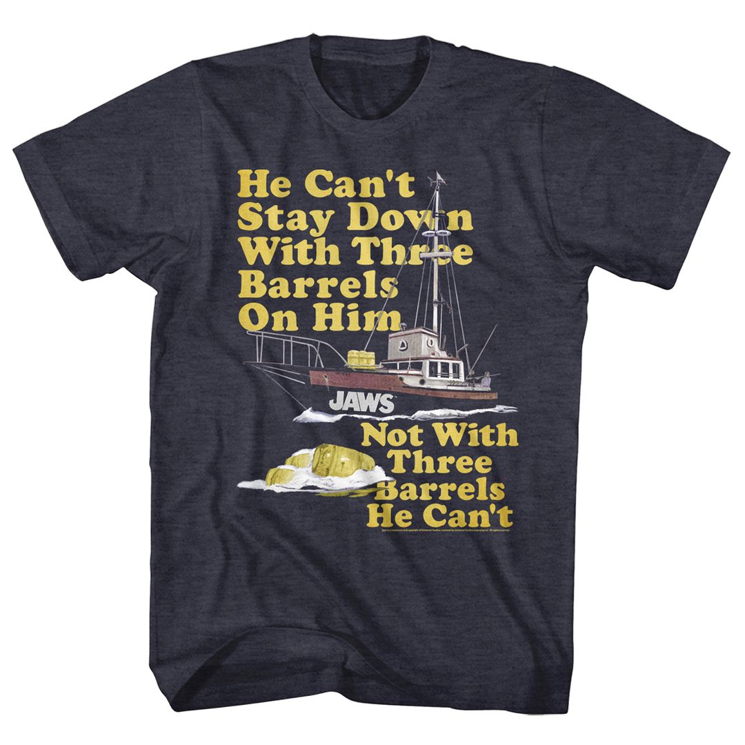 Navy heather Jaws t-shirt featuring Jaws 70s Barrels design