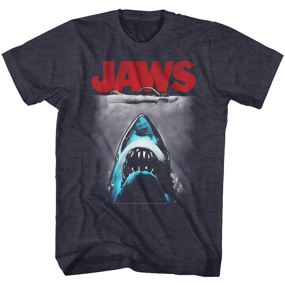 Navy heather Jaws t-shirt featuring Jaws R-D Logo design
