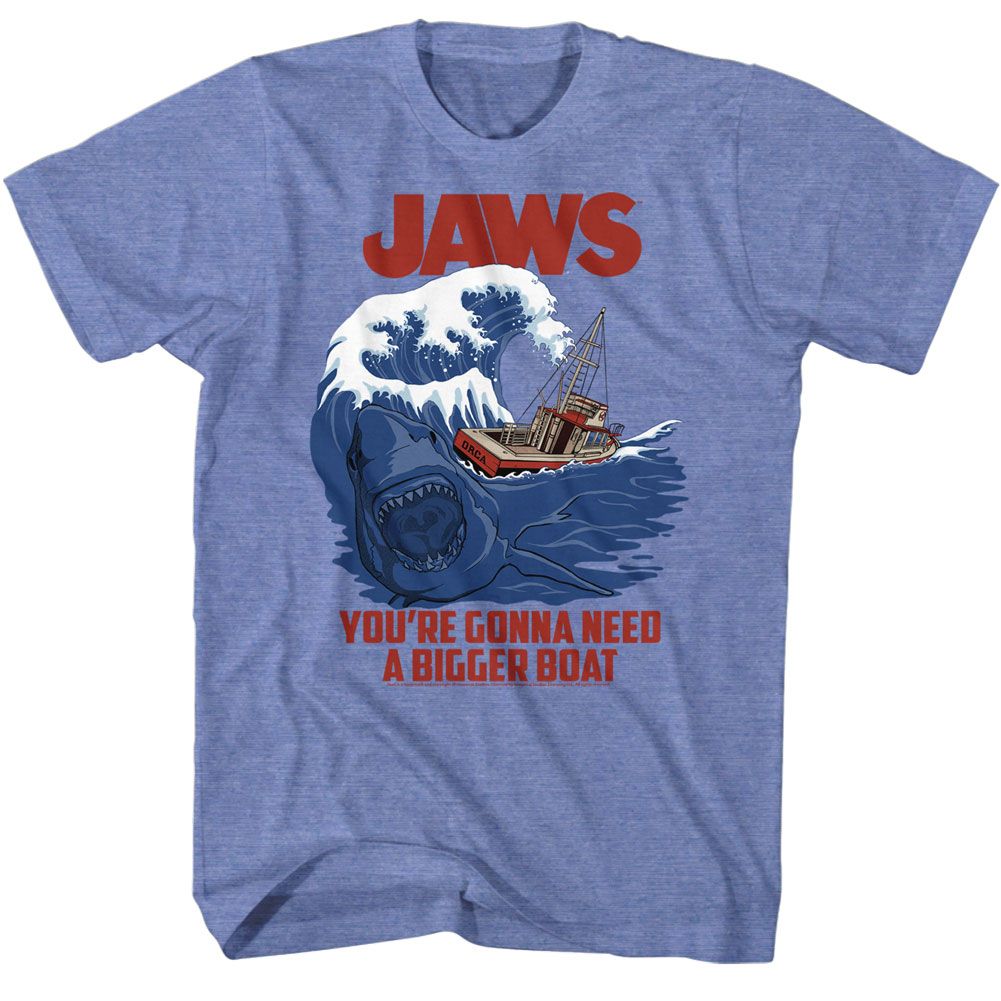 Light blue heather Jaws t-shirt featuring Jaws Swell Text design