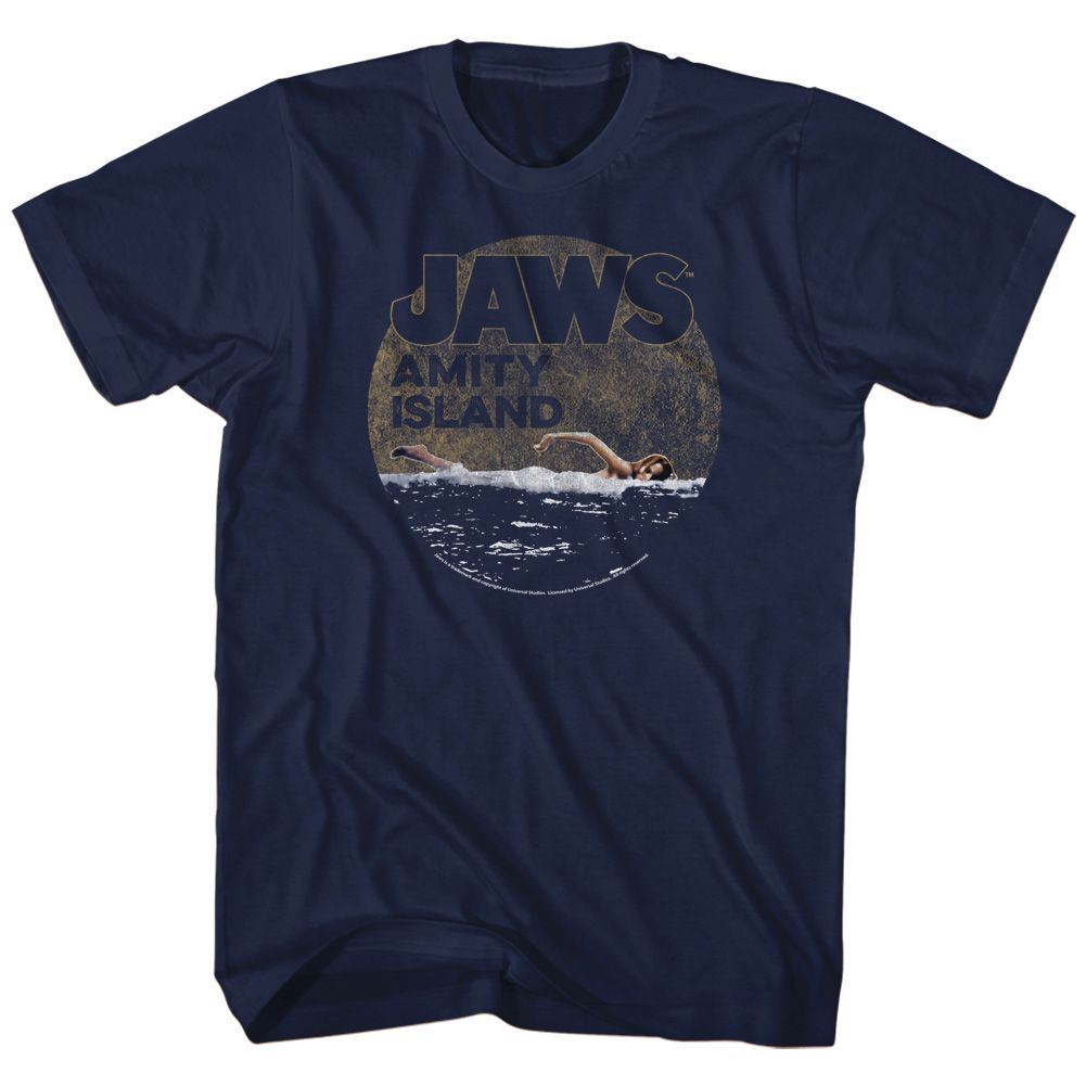 Navy Jaws t-shirt featuring Jaws Late Swim design