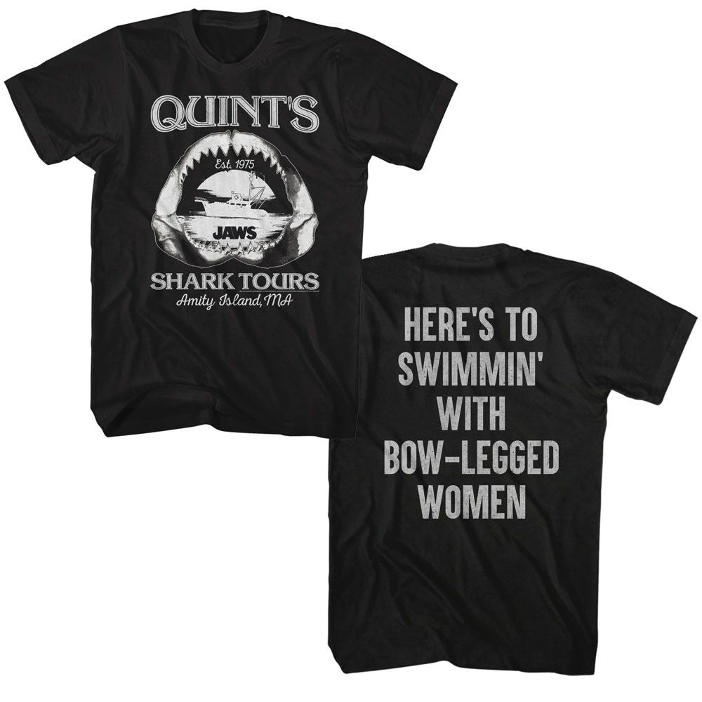 Black Jaws t-shirt featuring Jaws Quint's USS Indianapolis quote design (front and back)