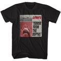 Black Jaws t-shirt featuring Jaws Newspaper design