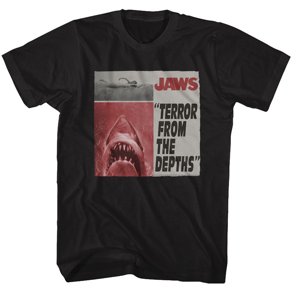 Black Jaws t-shirt featuring Jaws Newspaper design