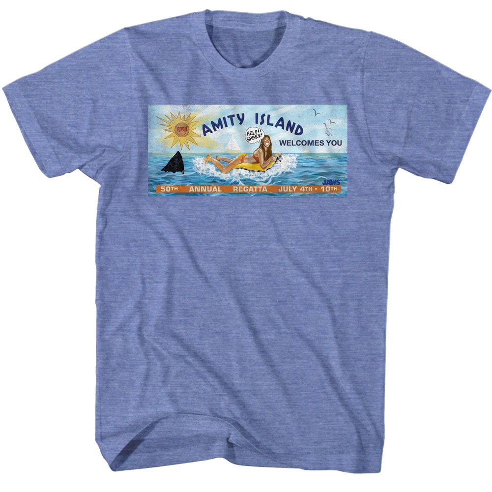 Light blue heather Jaws t-shirt featuring Jaws Billboard 2 design