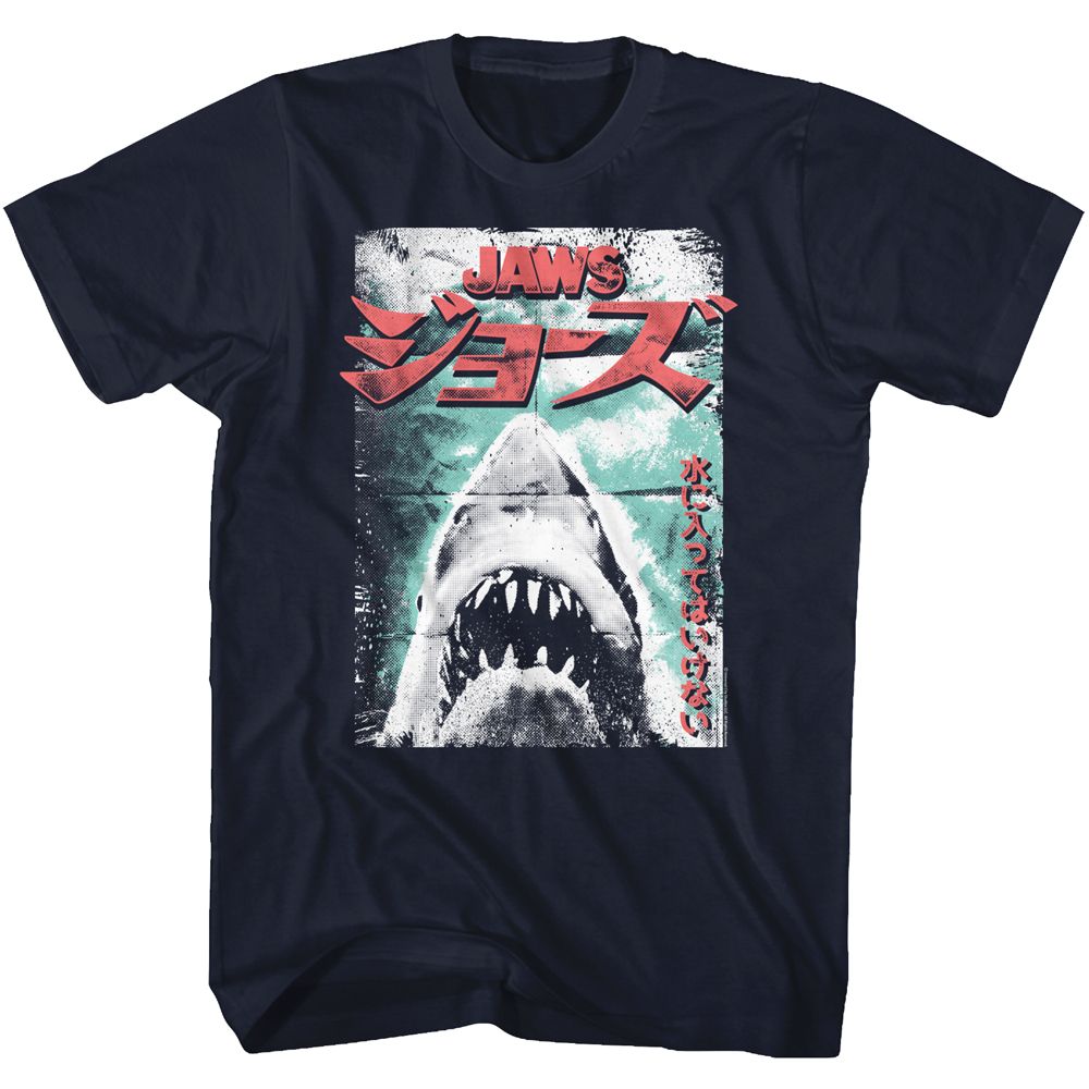 Navy Jaws t-shirt featuring Jaws Worn Japanese Poster design