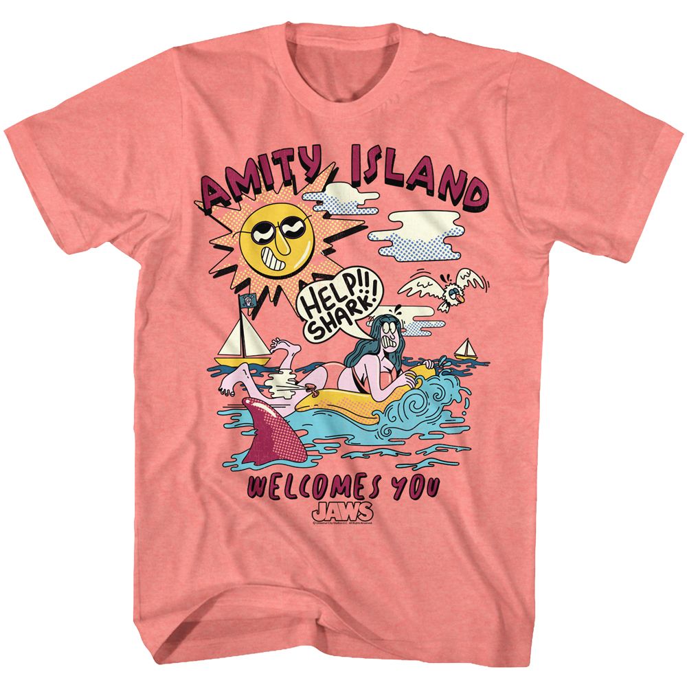 Coral silk Jaws t-shirt featuring Jaws Help Shark design