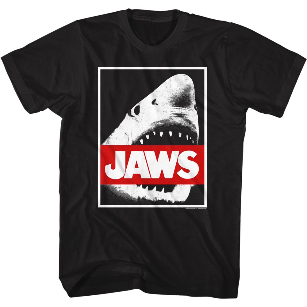 Black Jaws t-shirt featuring Jaws Red Bar design