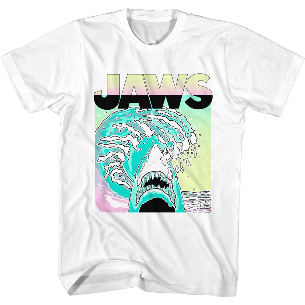 White Jaws t-shirt featuring Jaws Neon Waves design