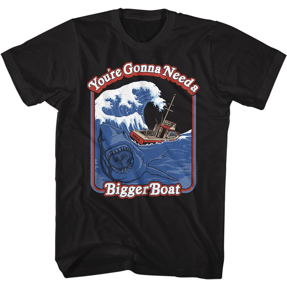 Black Jaws t-shirt featuring Jaws Storybook Bigger Boat design