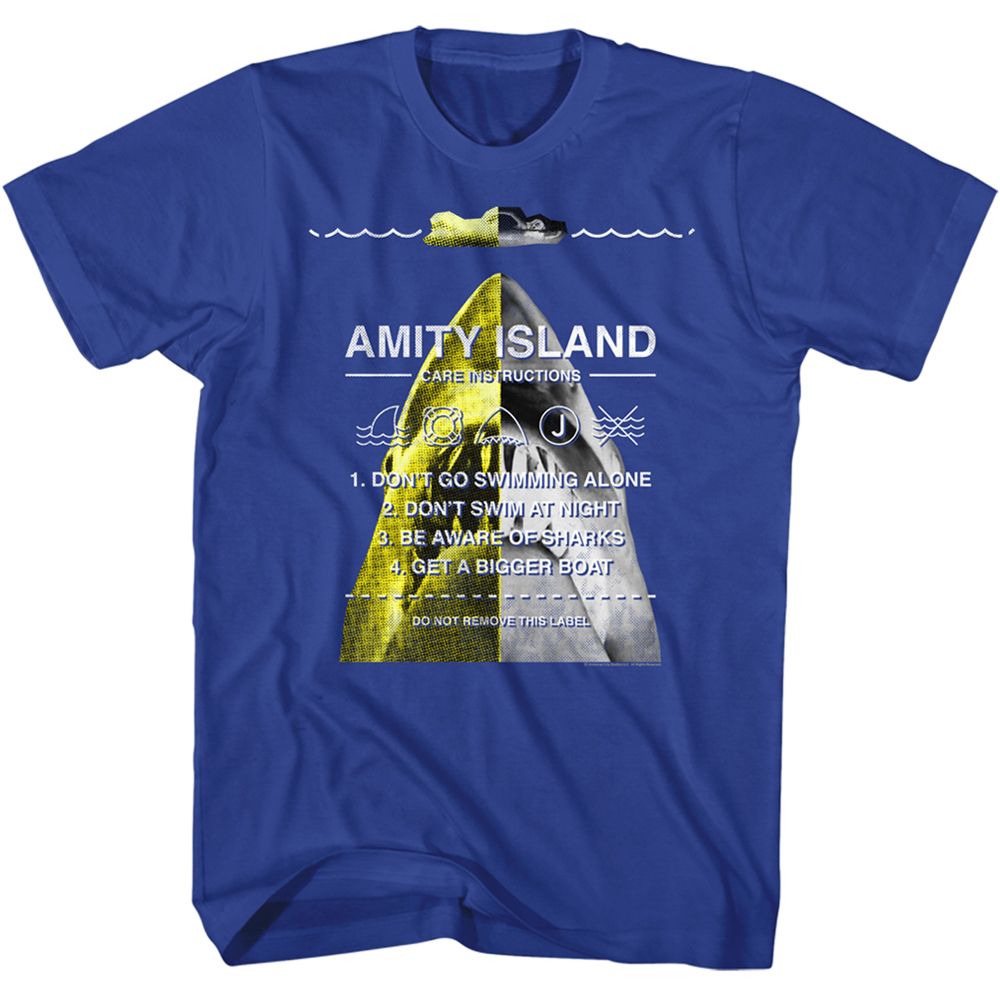 Royal blue Jaws t-shirt featuring Jaws Instruction Collage design