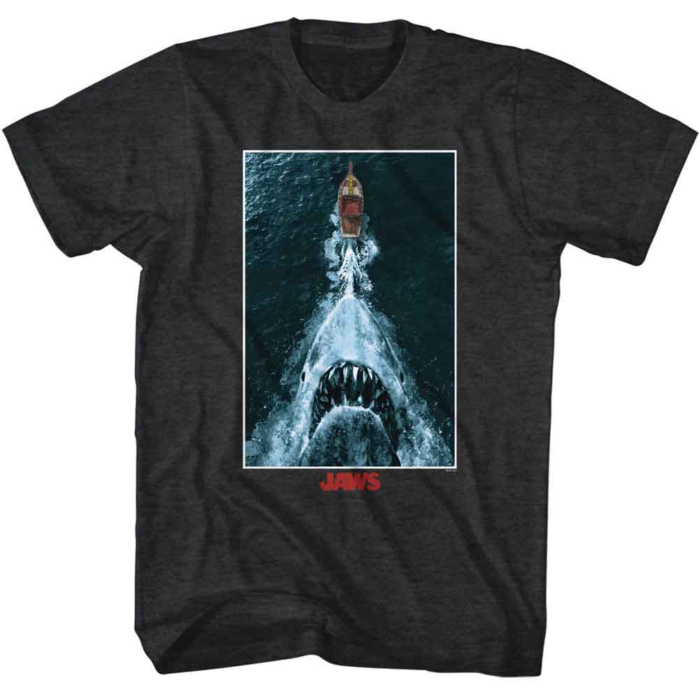 Black heather Jaws t-shirt featuring Jaws Shark Chasing Boat Poster design
