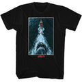Black Jaws t-shirt featuring Jaws Shark Chasing Boat Poster design