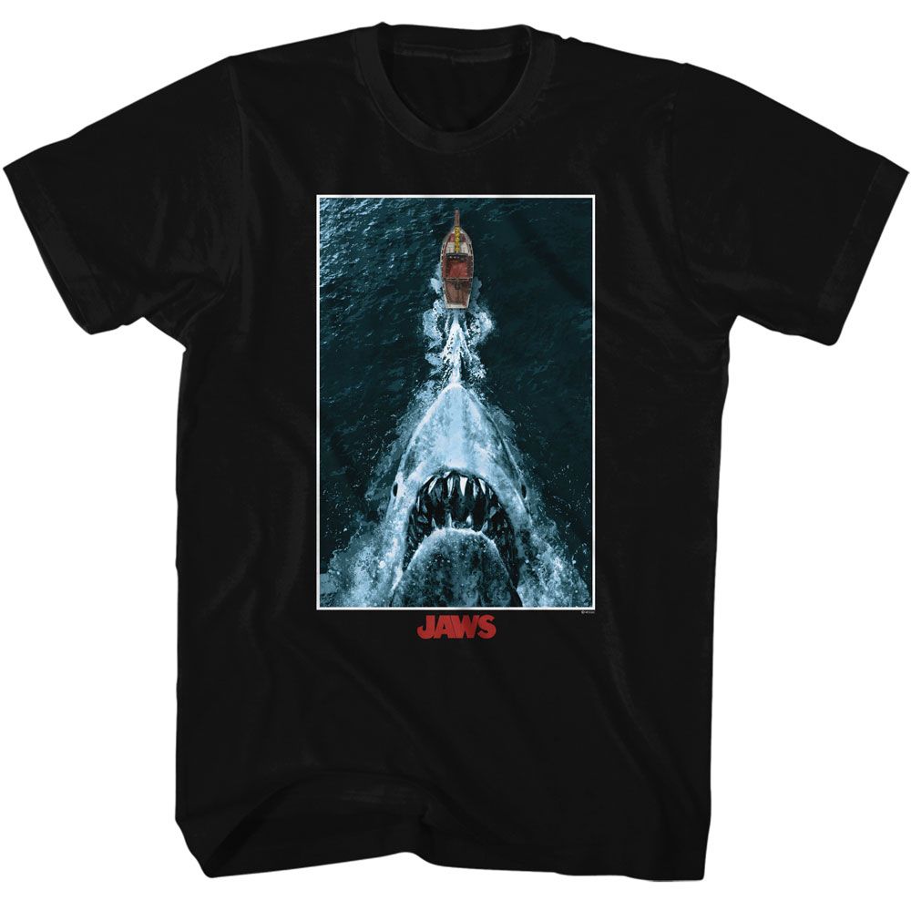 Black Jaws t-shirt featuring Jaws Shark Chasing Boat Poster design