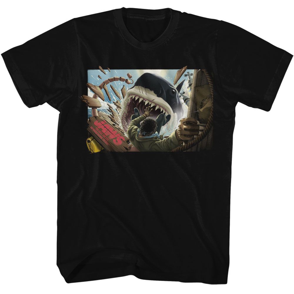 Black Jaws t-shirt featuring Jaws Man Falling In Shark Mouth design