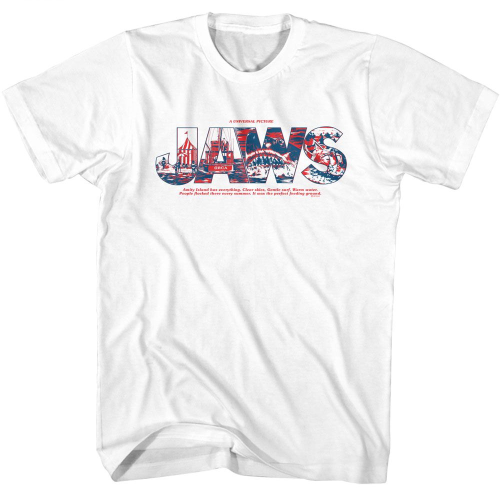 White Jaws t-shirt featuring Jaws Logo With Comics design