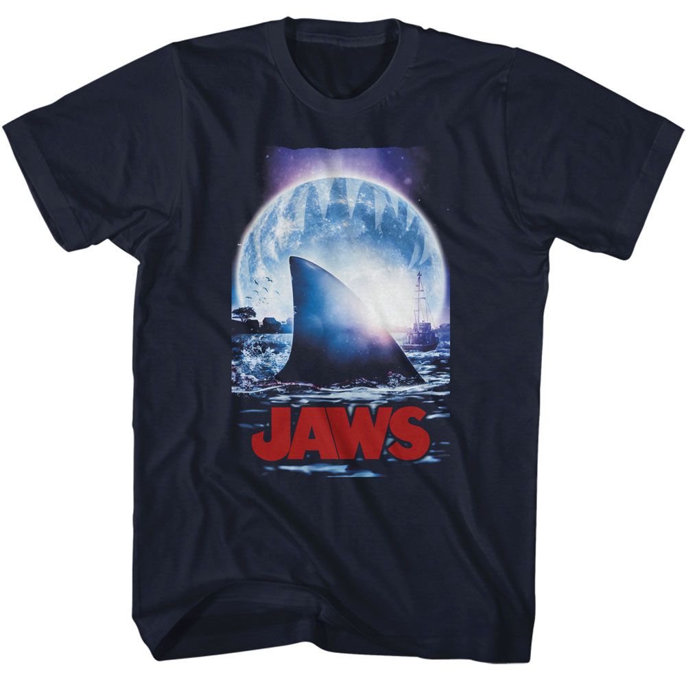 Navy Jaws t-shirt featuring Jaws Moonlight Shark Fin design