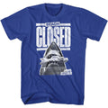 Royal blue Jaws t-shirt featuring Jaws Beach Closed design