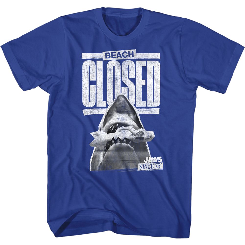 Royal blue Jaws t-shirt featuring Jaws Beach Closed design