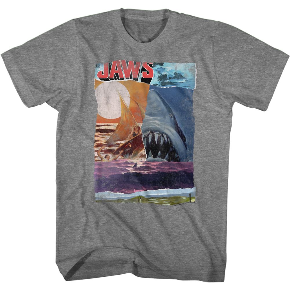 Graphite heather Jaws t-shirt featuring Jaws Ski Shark Collage design