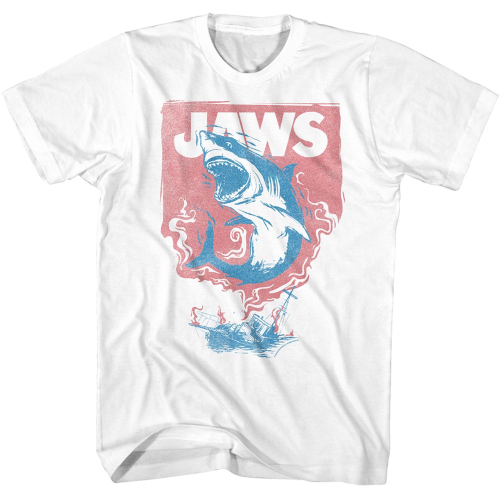 White Jaws t-shirt featuring Jaws Shark And Boat Fire design