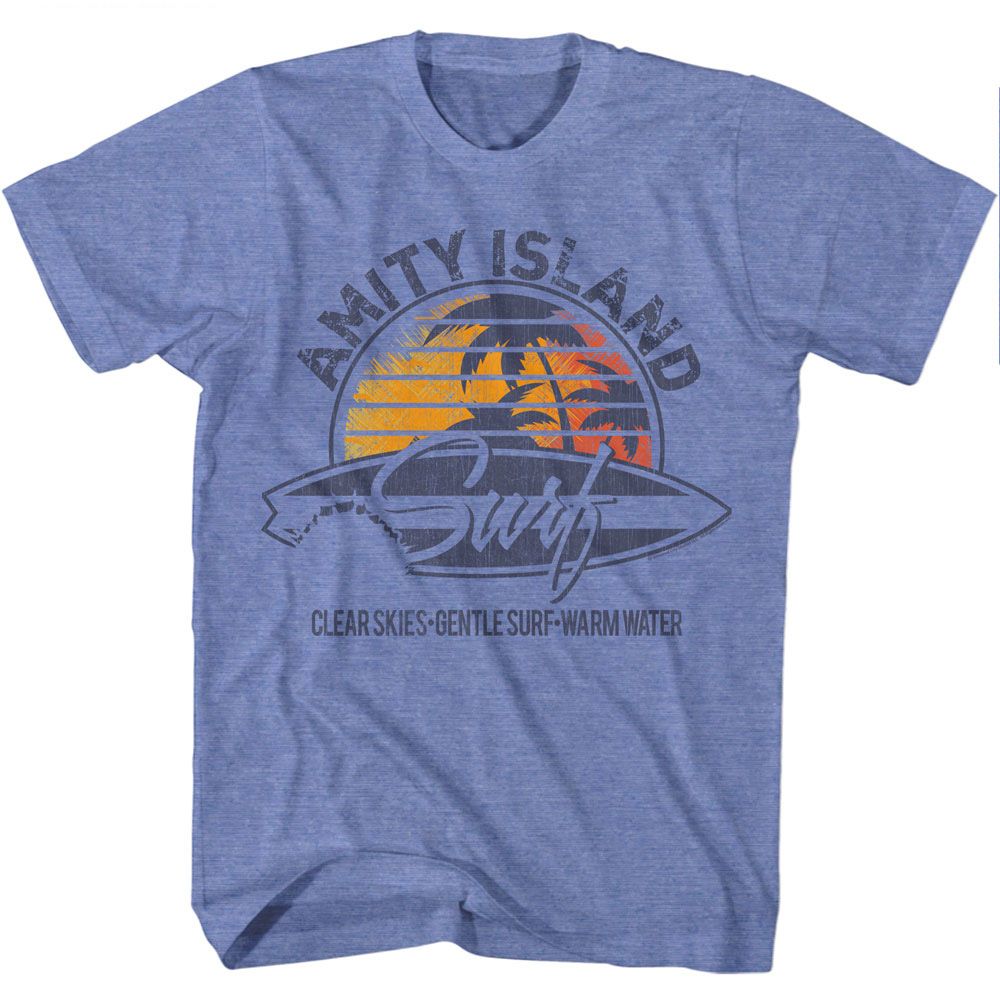Light blue heather Jaws t-shirt featuring Jaws Amity Island Surf design